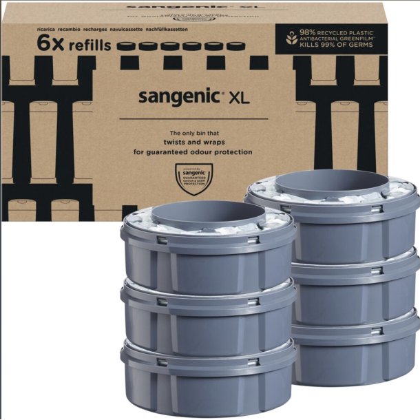 6 x Refill til blespand, Sangenic, hvid, LDPE/sukkerrr, parfumeret, mild, passer t. Twist&Click XL