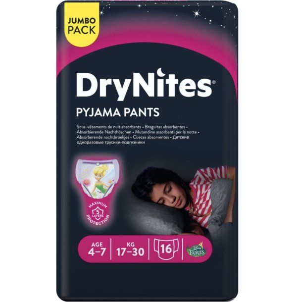 Brneble, bukseble, DryNites Pyjama Pants, 4-7 r, med print, pige, 17-30 kg 16 stk. 