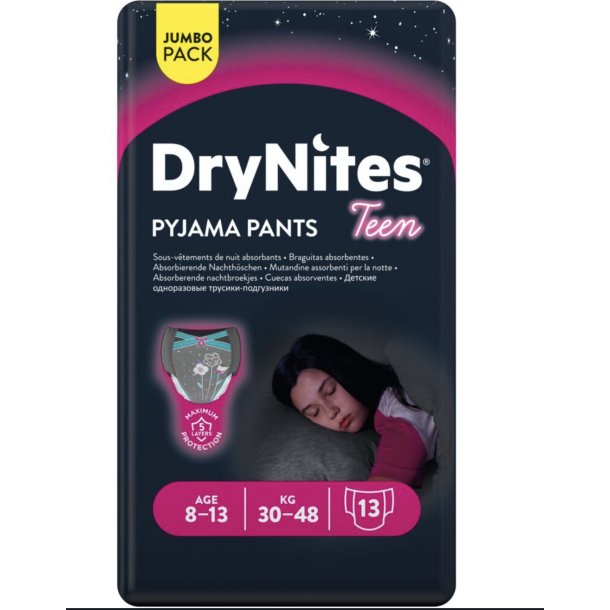 Brneble, bukseble, DryNites Pyjama Pants, 8-13 r, med print, pige, 30-48 kg 16 stk